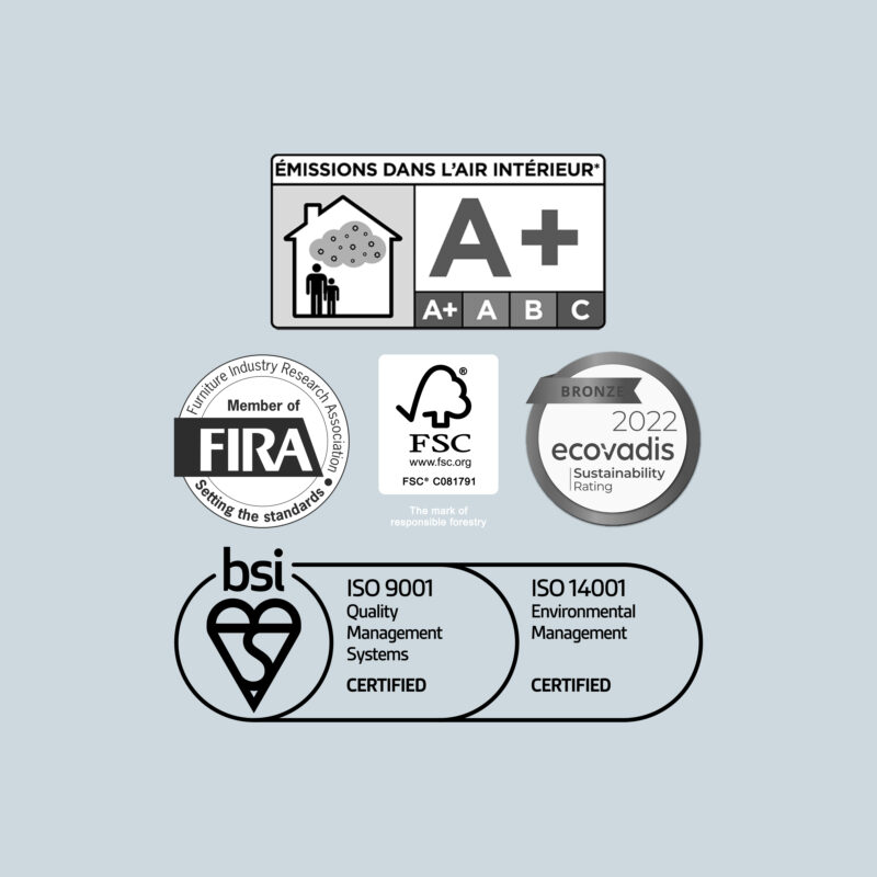 Environmental accreditations from FIRA, FSC, ECOVADIS, BSI (ISO 9001 & 14001) and Emissions dans l'air interieur.